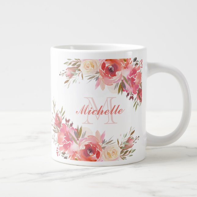 Taza De Café Gigante Elegante Pastel Rosa Rosa Rosa Nombre Floral (Derecha)