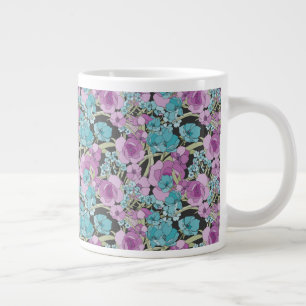 Taza De Café Gigante Elegante patrón floral Púrpura Púrpura Negro Backg