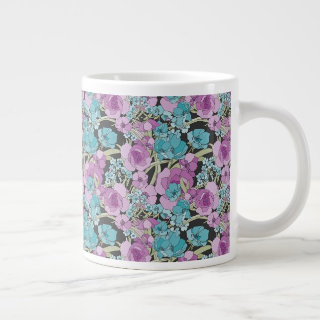 Taza De Café Gigante Elegante patrón floral Púrpura Púrpura Negro Backg (Derecha)