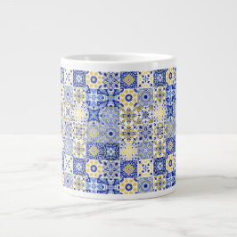 Taza De Café Gigante Elegante patrón portugués de azulejos en azul y bl