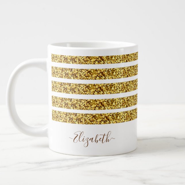 Taza De Café Gigante Elegante Purpurina dorado Monograma Nombre (Izquierda)