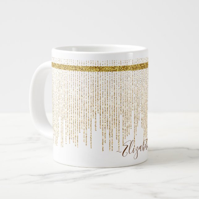 Taza De Café Gigante Elegante Purpurina dorado Monograma Nombre (Izquierda)