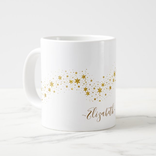 Taza De Café Gigante Elegante Purpurina dorado Monograma Nombre (Izquierda)