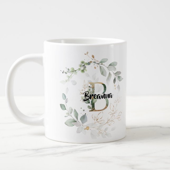 Taza De Café Gigante Elegante Wreath Monograma Nombre inicial "B" (Izquierda)