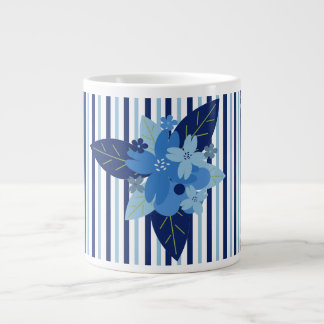 Taza De Café Gigante Elegantes rayas florales monocromáticas azul