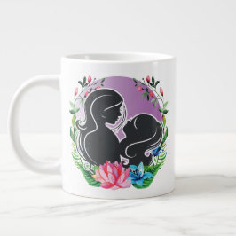Taza De Café Gigante Encantadora mamá y hija con flores de colores