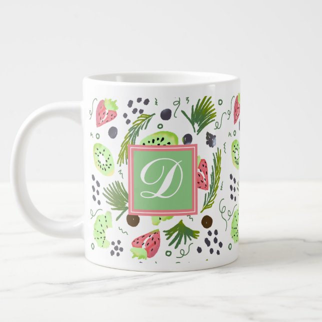 Taza De Café Gigante Ensalada de fruta fresca Kiwi Doodle Monograma (Izquierda)