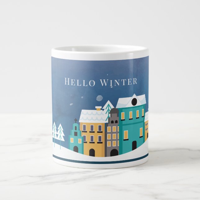 Taza De Café Gigante Escena editable del pueblo nocturno "Hello Winter" (Frente)