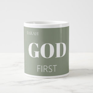 Taza De Café Gigante Eslogan de Creencia Primero Dios Verde Sage Modern