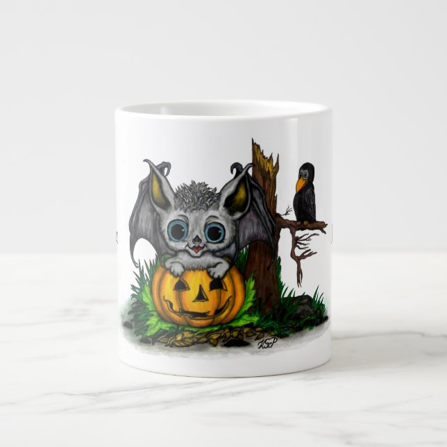 Taza De Café Gigante Esperando Halloween , Cute Bat y Raven (Frente)