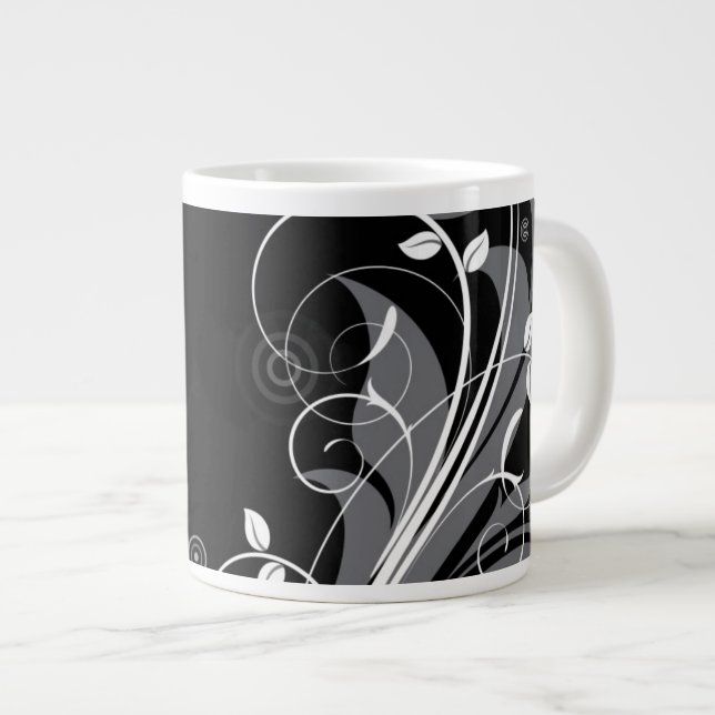 Taza De Café Gigante Estampado de flores gris en negro (Derecha)