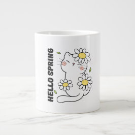 Taza De Café Gigante Estética Minimalista Hola Primavera Gato y Margari