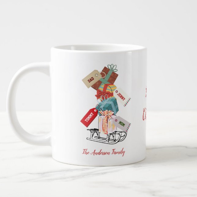 Taza De Café Gigante Familia Verde Rojo Invierno Sleigh Navidades moder (Izquierda)
