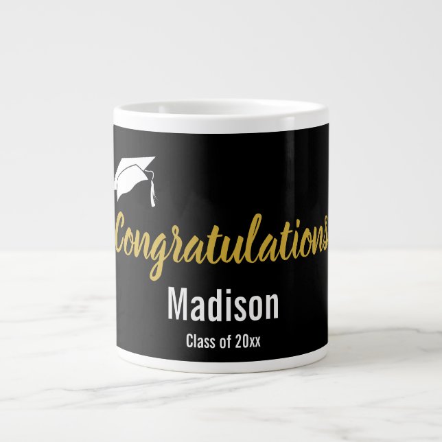 Taza De Café Gigante Felicitaciones Black White y Gold Graduate Name (Frente)