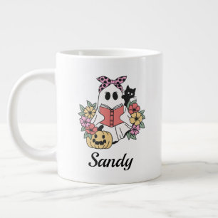 Taza De Café Gigante Feliz Halloween floral adorable fantasma monograma