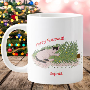 Taza De Café Gigante ¡Feliz Napmas! Gato divertido vs Árbol de Navidad