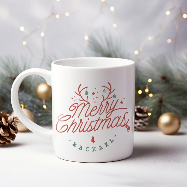 Taza De Café Gigante Feliz Navidad a los renos ataviados (Merry Christmas Personalized Reindeer Antlers Giant Coffee Mug)