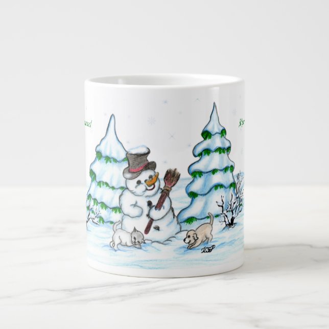 Taza De Café Gigante ¡Feliz Navidad! Hombre de nieve con gato y cachorr (Frente)