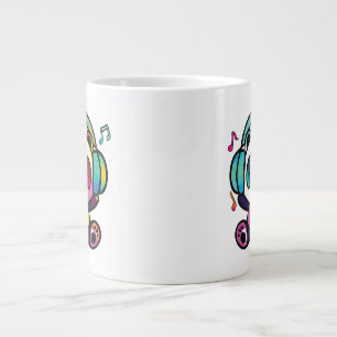 Taza De Café Gigante Feliz Panda con auriculares escuchando música.