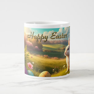 Taza De Café Gigante Feliz Pascua en un paisaje primaveral