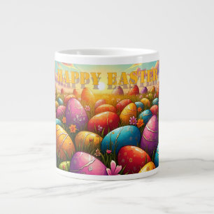 Taza De Café Gigante Feliz Pascua Huevos Coloridos en Prado Primaveral
