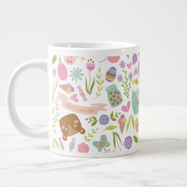 Taza De Café Gigante Feliz Patrón Floral de conejo de Pascua (Izquierda)