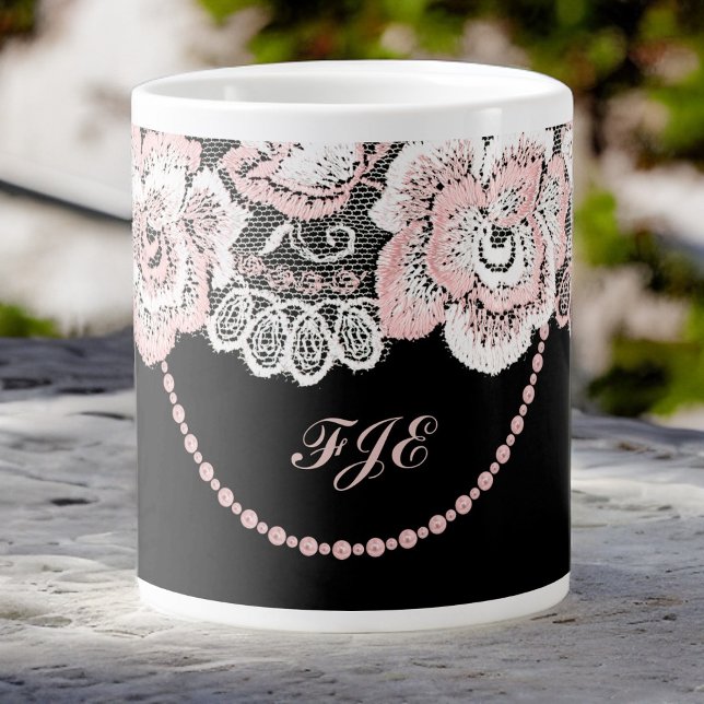 Taza De Café Gigante Flirty y Delicate Rosa Faux Lace y Perlas (Subido por el creador)
