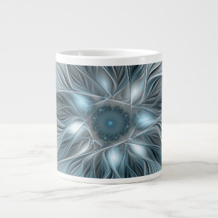 Taza De Café Gigante Flor abstracta alegre de flores azules grises frac