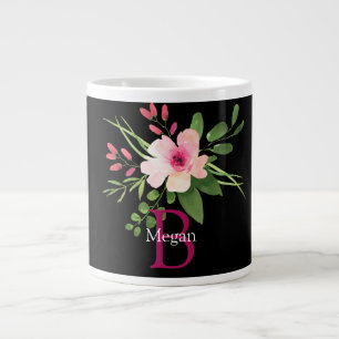 Taza De Café Gigante Flor de Acuarela, Nombre y Monograma sobre Negro