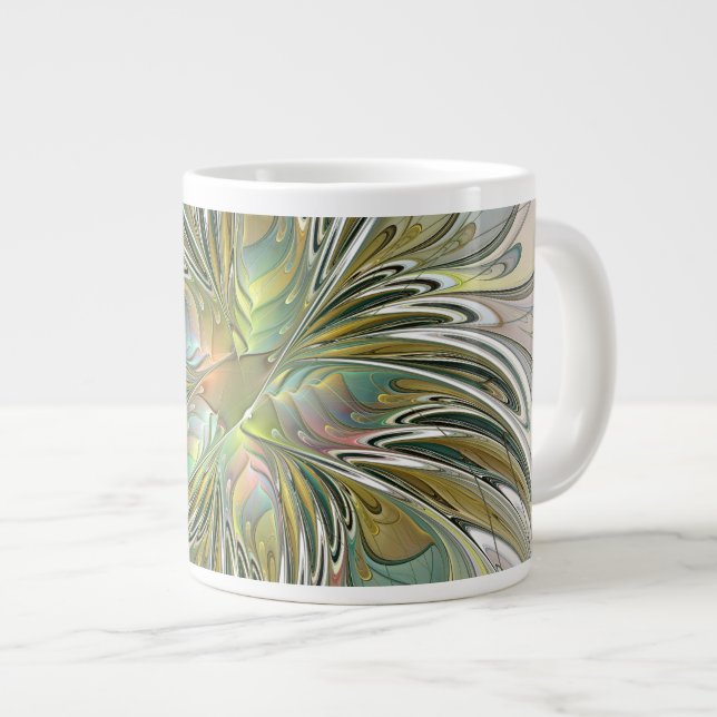 Taza De Café Gigante Flor De Arte Fractal Moderno Con Oro (Derecha)