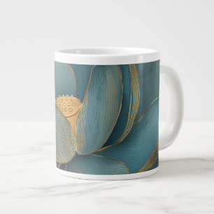 Taza De Café Gigante Flor de Loto Geométrica de Línea Teal y Dorado