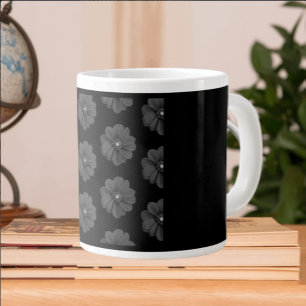 Taza De Café Gigante Flor ilustrada en patrón gris negro"