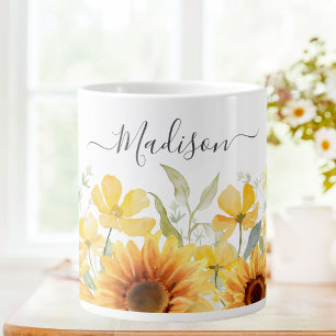 Taza De Café Gigante Flor Monograma Amarillo Flor Sunflower Botánico