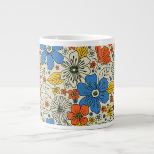 Taza De Café Gigante Floral azul retro, amarillo y Naranja