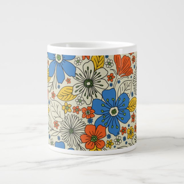Taza De Café Gigante Floral azul retro, amarillo y Naranja (Frente)