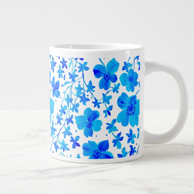 Taza De Café Gigante Floral botánica en azul profundo y blanco (Derecha)