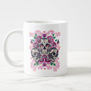 Taza De Café Gigante Floral de cráneo, color de agua de esqueleto rosa,