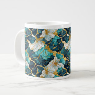 Taza De Café Gigante Floral Japonés Dorado Verde Teal