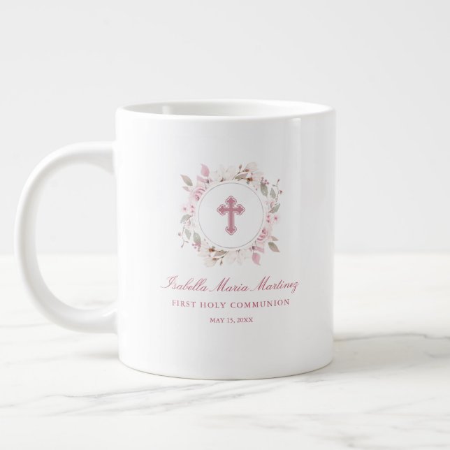 Taza De Café Gigante Floral rosa de primera comunión personalizada edit (Izquierda)