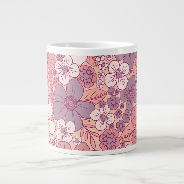 Taza De Café Gigante Floral rosa y morada pastel (Frente)