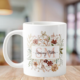 Taza De Café Gigante Floral Silvestre Otoñal Elegante Monograma Acuarel
