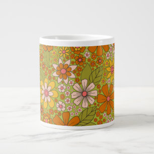 Taza De Café Gigante Floral verde y Naranja de los años 1960 y 1970