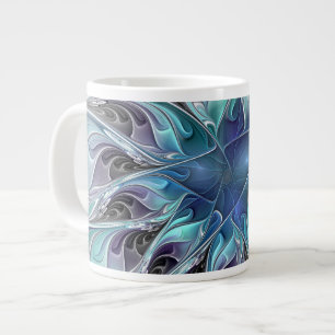 Taza De Café Gigante Florecer Abstracto Moderno Floral Fractal Con Azul
