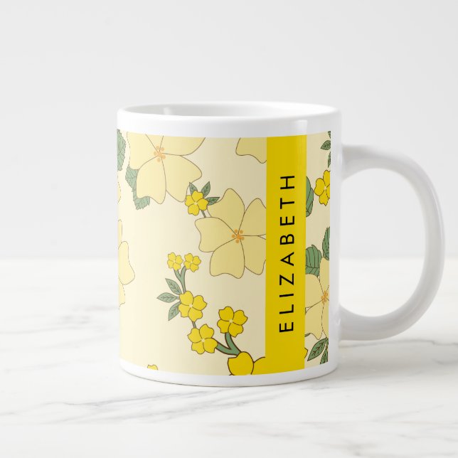 Taza De Café Gigante Flores Amarillas, Patrón De Flores, Tu Nombre (Derecha)