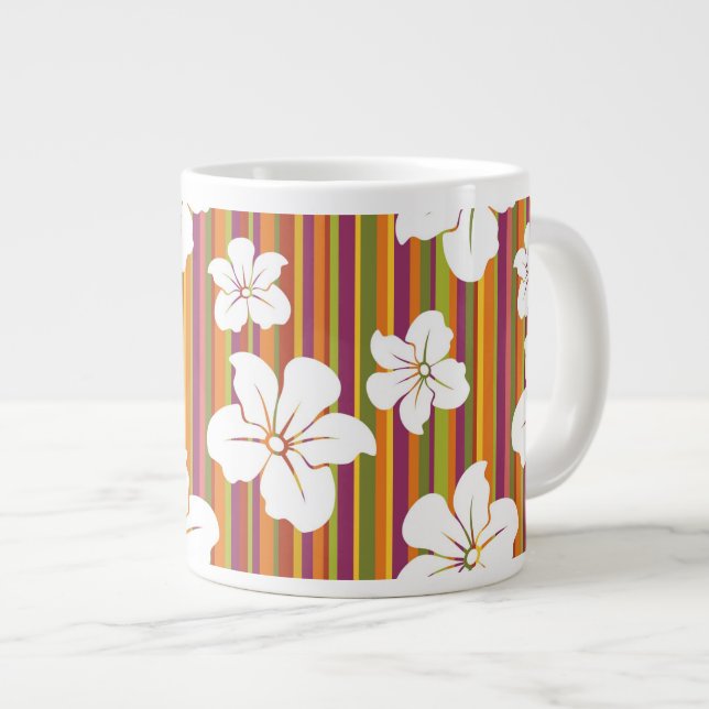 Taza De Café Gigante Flores blancas en un fondo rayado (Derecha)