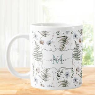 Taza De Café Gigante Flores de monograma y hojas de helecho floral botá