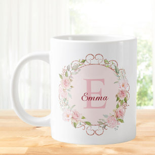 Taza De Café Gigante Flores Florales de Rosa Rosa Blush de Acuarela con