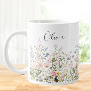 Taza De Café Gigante Flores Florales Rosa Azul Acuarela Monograma 