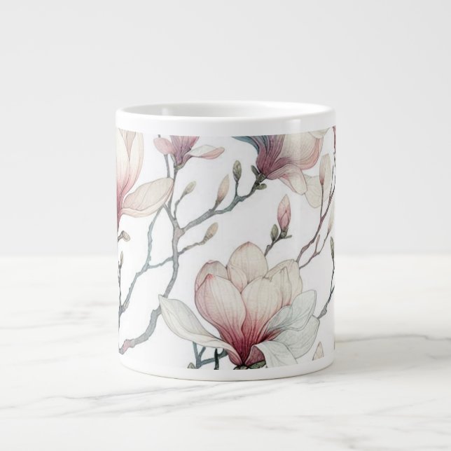 Taza De Café Gigante flores magnolio estilo acuarela diseño botánico (Frente)