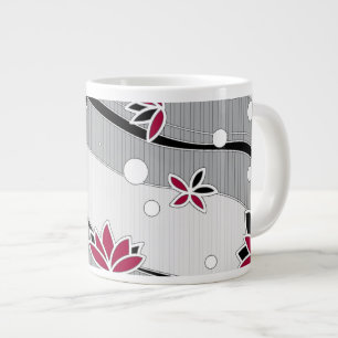 Taza De Café Gigante Flores rojas de Lotus en franjas grises